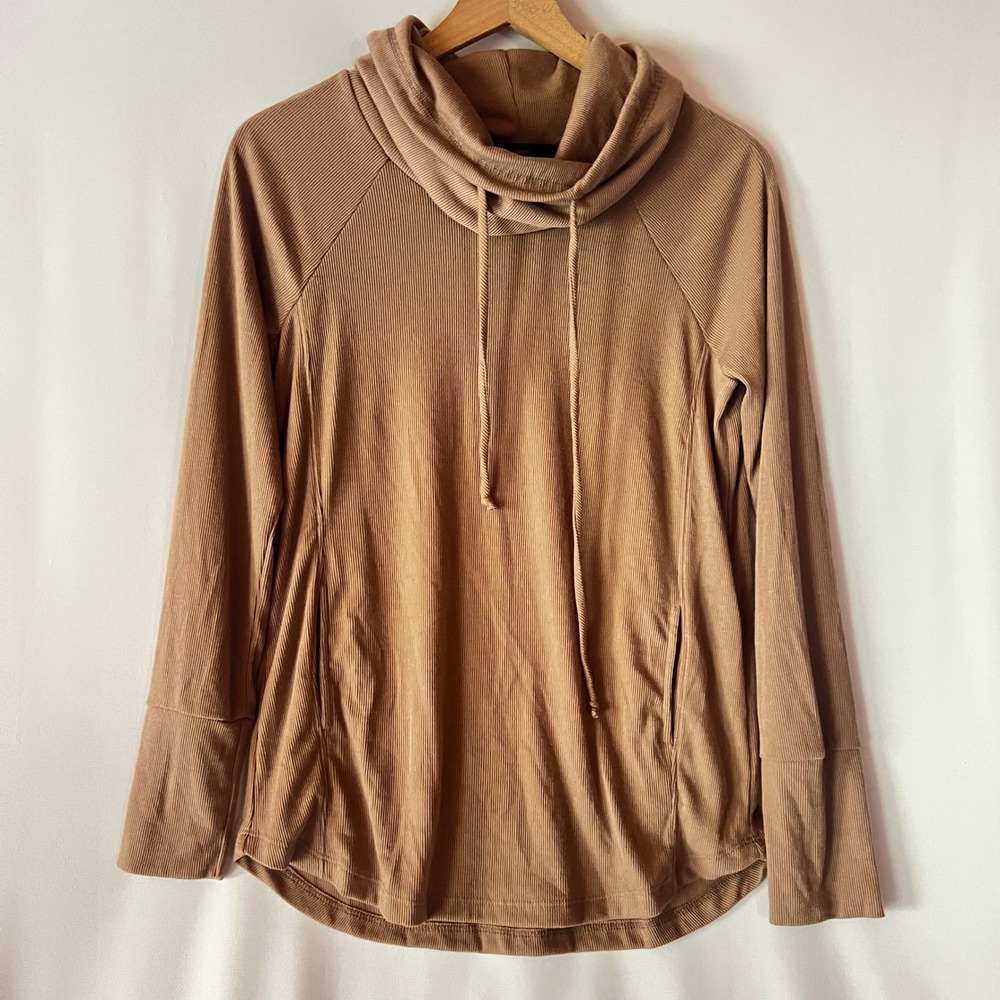 NWT Staccato Emmy Hooded Long Sleeve Top Cowl Neck Light Camel Small Neutral
